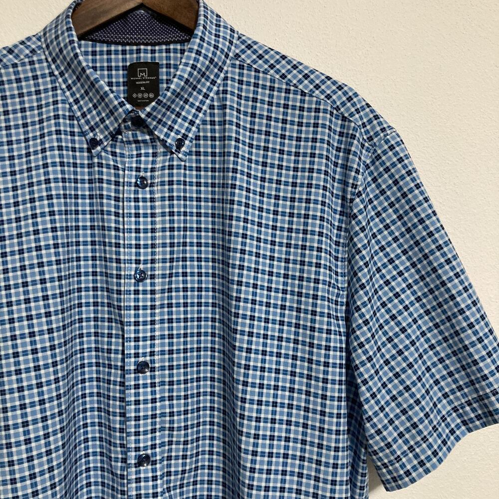 Michael Strahan Modern Fit Stretch Shirt Button Down Blue Plaid Men's Size XL